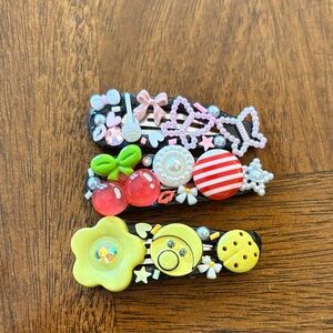 Handmade junk charmed hairclips-Decorative Pink, Red, Yellow